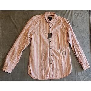 NWT CODE Mens L 42cm Slim Fit Pink White Stripes Button Down Long Sleeve Shirt